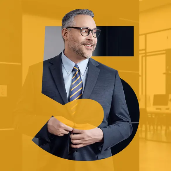 Confident businessman adjusting suit in modern office with large number five overlay.